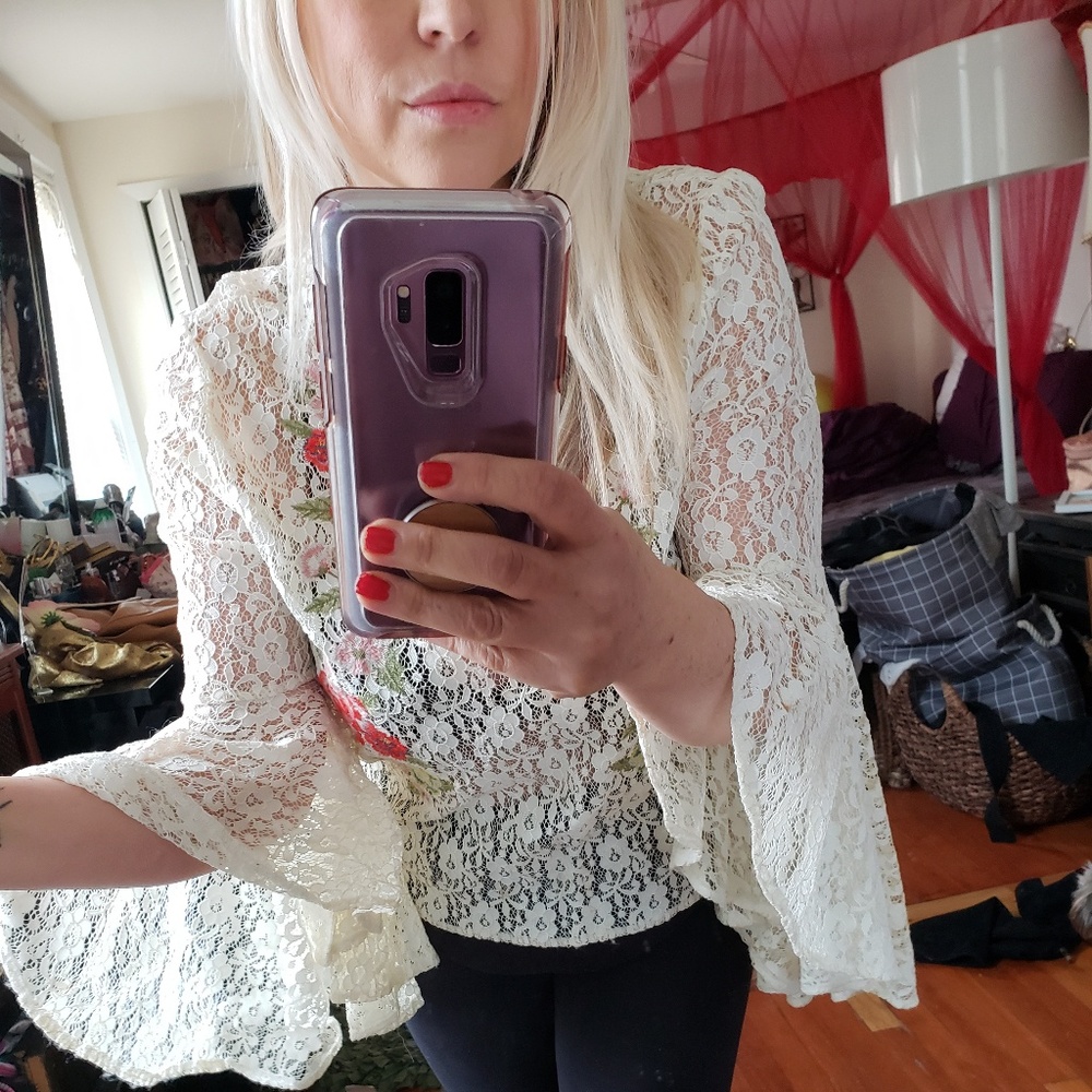 Flare Sleeve Lace Top with Embroidered Roses